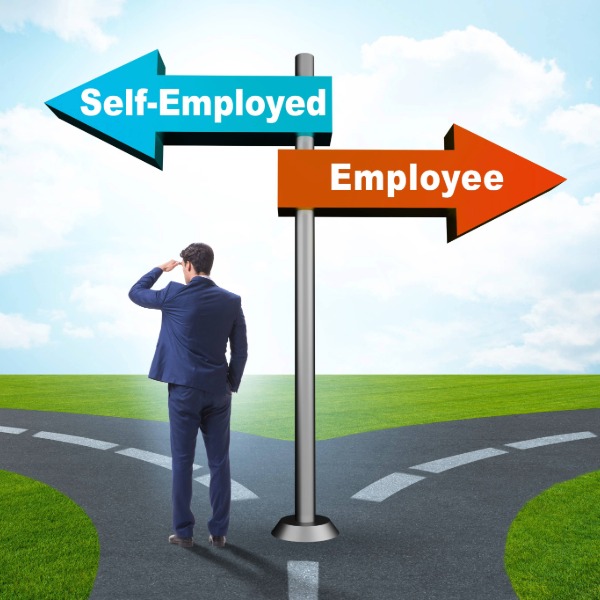 self-employed, Man standing under a sign saying self-employed or employee