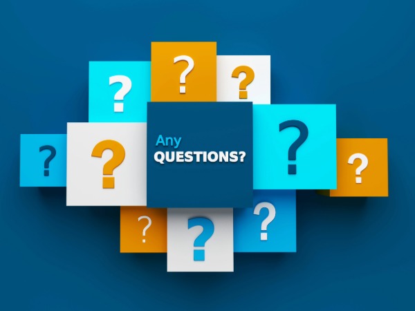 Any questions, Image with question marks and saying Any Questions