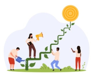 A cartoon image of a person climbing a pathway towards a goal.