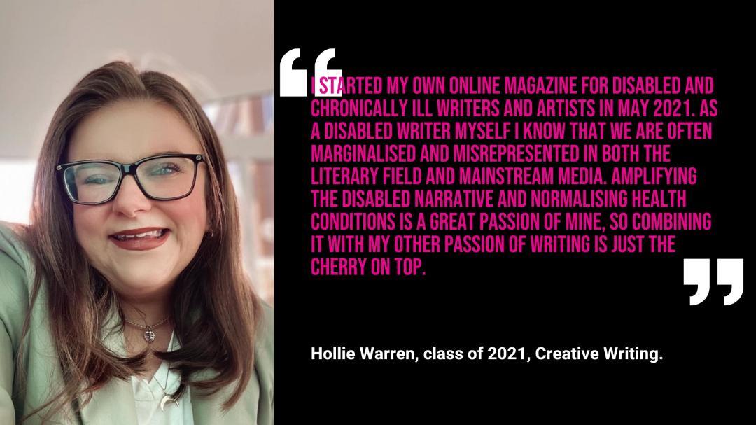 Rectangular photo - LANDSCAPE - Optimised for web, Picture of a young girl with red hair and black rimmed glasses smiling. Quote says 