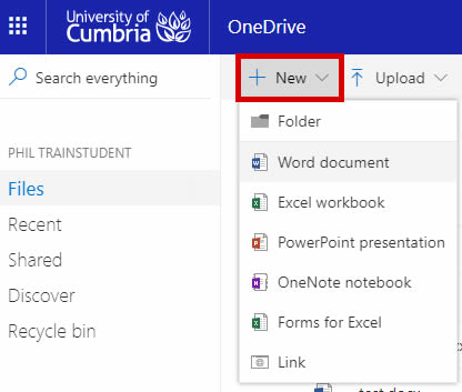 onedrive-18-05, onedrive support - highlighted 'new' button