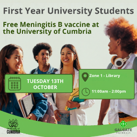 Protect yourself from meningitis with a free MenB vaccination at the University of Cumbria. First-year university students can drop in to Zone 1 of the Library Lancaster Campus on Tuesday 13th October