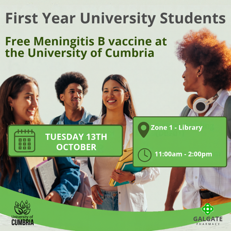 Protect yourself from meningitis with a free MenB vaccination at the University of Cumbria. First-year university students can drop in to Zone 1 of the Library Lancaster Campus on Tuesday 13th October