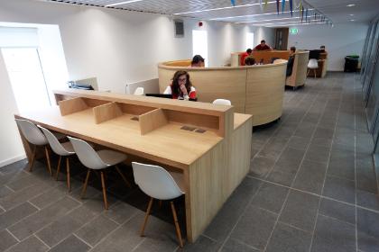 Students working in a library.