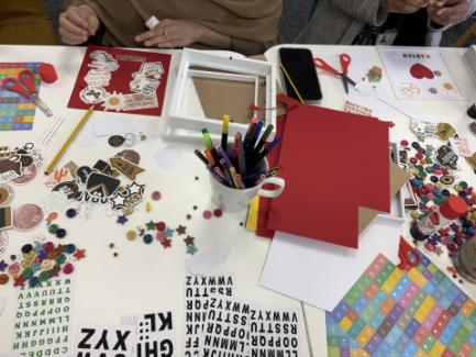 Crafternoon - London, The photo is taken looking down onto a table that is full of crafting supplies, the photo was taken at London's Student Services crafternoon session
