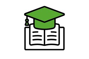 An icon of a book wearing a graduation cap.