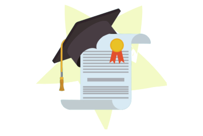 A yellow background with a pen, writing pad, glasses and degree scroll on top. 