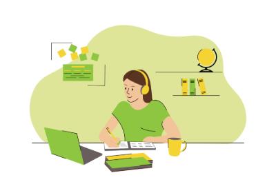 A cartoon lady sat at a computer marking student work. 