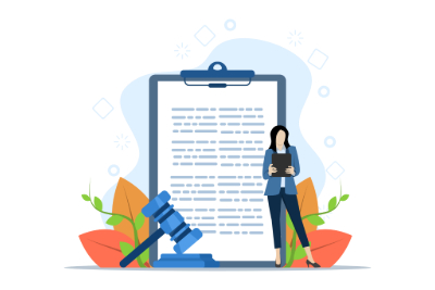 Academic Regulations, A cartoon clipboard, cartoon woman and judges gavel. 