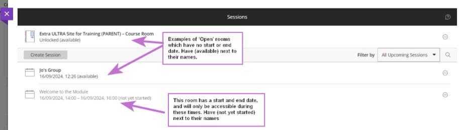 Blackboard Collaborate room list, 