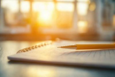An image of a pen on top of a paper with an evening glow light