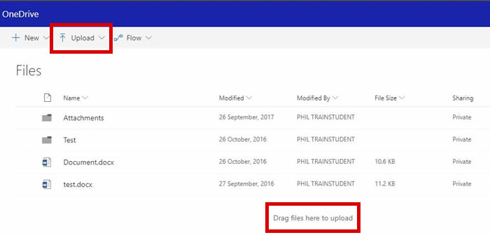onedrive-18-01, one drive support - highlighted 'upload' and 'drag file here' buttons