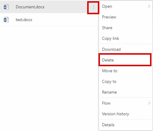 onedrive-18-10, onedrive support - highlighted 'delete' button