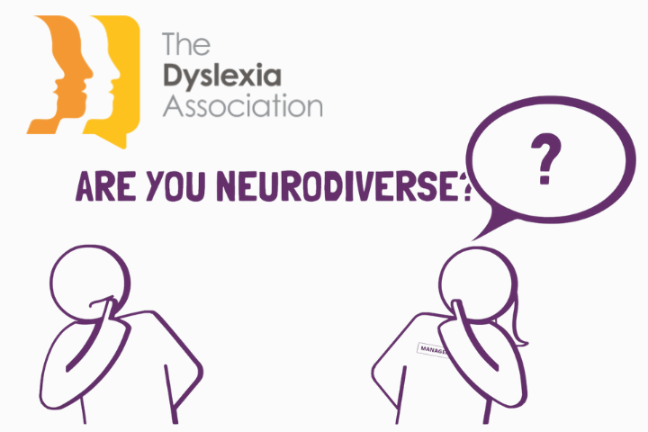 A cartoon image of two stick figures asking 'are you neurodiverse' with The Dyslexia Association logo in the top left corner