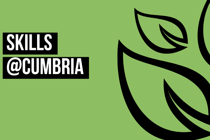 The title 'Skills@Cumbria' is written on a green background with the UoC leaf in the right corner