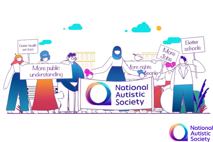 A cartoon of a group of people, they are holding up a sign that says 'The National Autistic' society and signs advocating for a more understanding and inclusive society