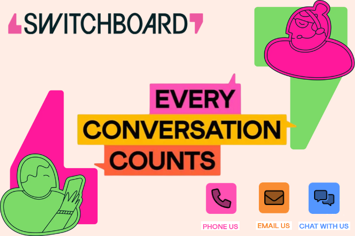 The image shows switchboard's logo, with the text 'every conversation counts' centred. In the bottom right of the image it says 'phone us', 'email us' and 'contact us'