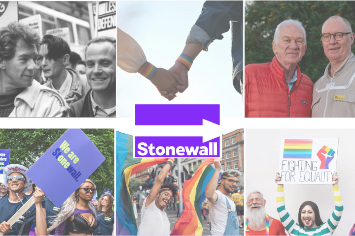 Stonewall's logo on top of a muted collage of queer people throughout history