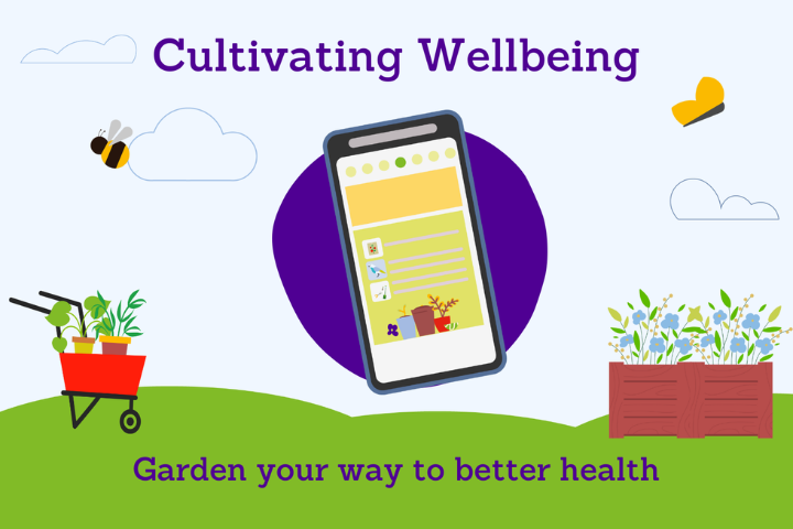 The image is of a cartoon garden with a cartoon smart phone in the centre of the image. Accompanying text reads 