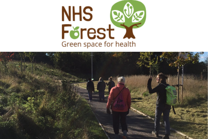 The image shows the 'NHS Forest' logo and an image of people walking in nature.