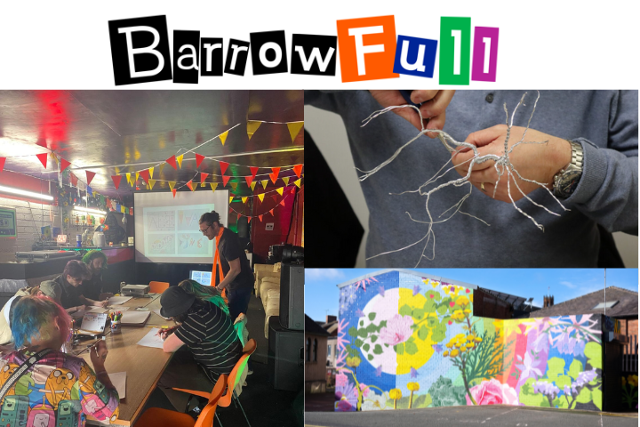 The image is a collage of 3 separate images, on the very left is photo taken of an art class, in the top right is a close up of someone's hands crafting something out of wire and the bottom right image is of a building in Barrow that has been painted by the organisation.