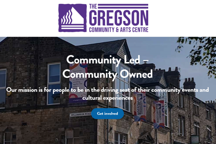 The image is of the exterior of The Gregson building in Lancaster, there is text over the image that reads 