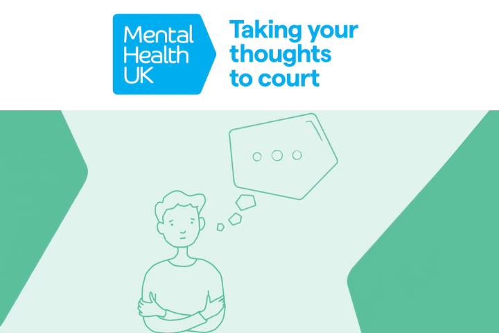 The image shows a cartoon male with his arms crossed, above his head is a thought bubble with an ellipsis inside. At the top of the image is Mental Health Uk's logo with 