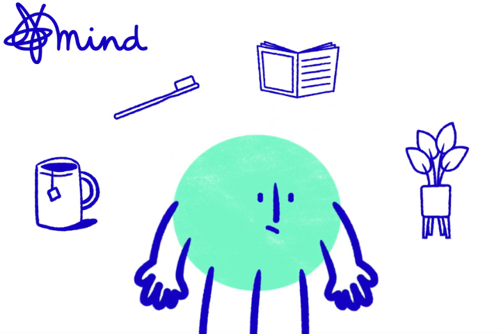 The image shows a cartoon blob with arms and leg, floating around the blob is a toothbrush, a cup of tea, a plant and a book to represent a few popular self care techniques