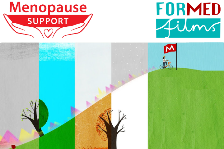 The image shows a cartoon image of a woman cycling up a steep hill, at the top of the hill is a flag with an M printed on it