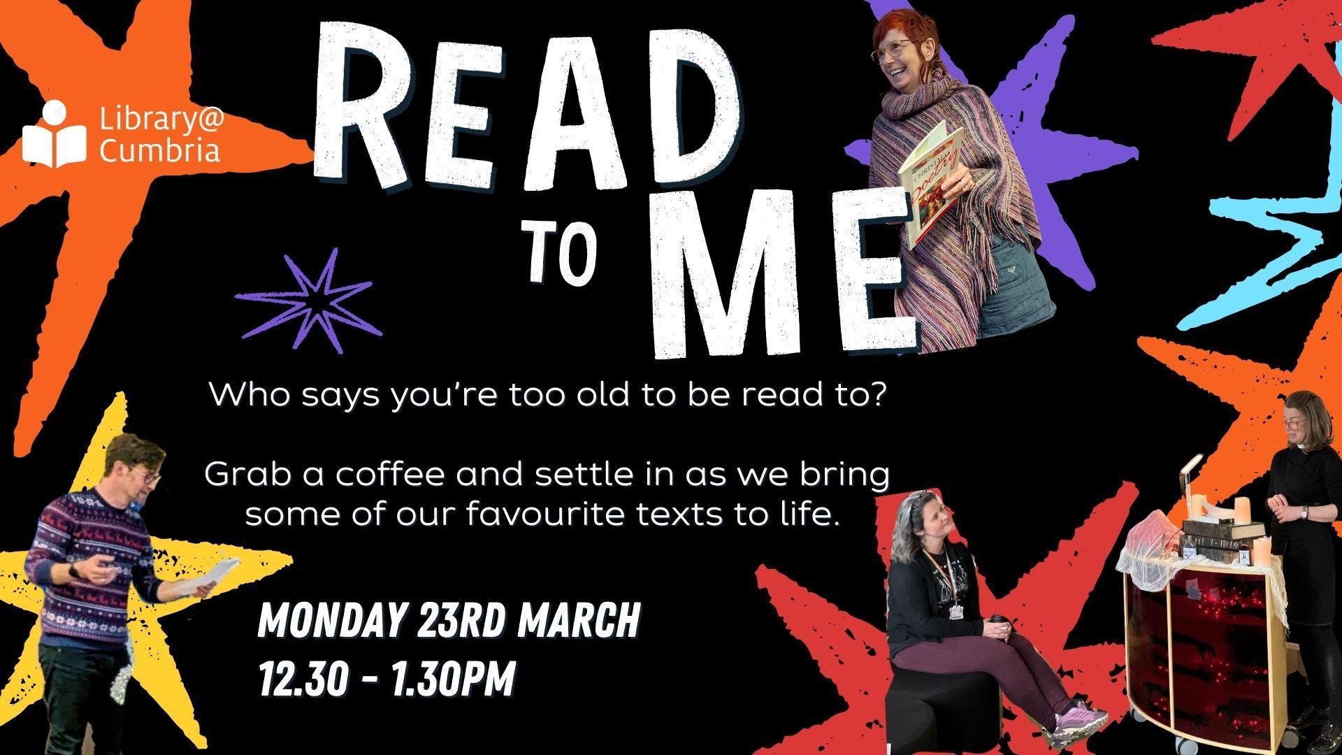 Panoramic Image - Optimised for web, Poster for Read to Me library event, Monday 23rd March 12.30 - 13.30 at Lancaster campus library