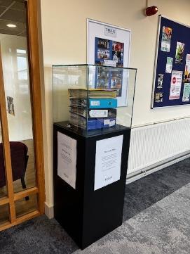 Backing the Blues Display at Fusehill Library, Artefacts from the Backing the Blues Exhibition currently running at Tullie Museum and Art Gallery