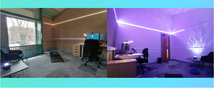 Accessible Study Room, Picture of the Accessible Study Room with led and laser lighting, PC with adjustable height desk and ergonomic chair, soft chair and yoga mat