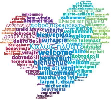 Slim header image (for behind a page title), Welcome detailed in Multiple languages in a heart shape