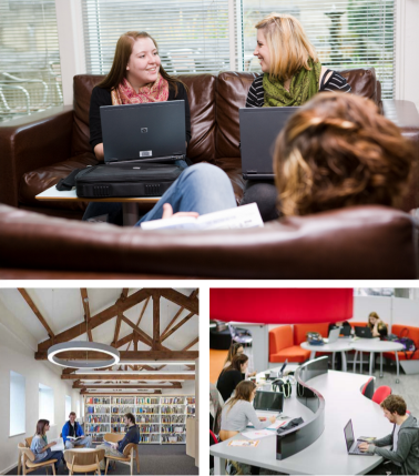 Library Welcome and Getting Started, A group of students using the universities library spaces.