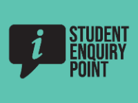 Student Enquiry Point icon, Turquoise poster with black information icon and the words 