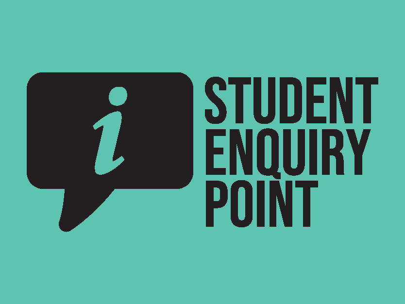 Student Enquiry Point icon, Turquoise poster with black information icon and the words