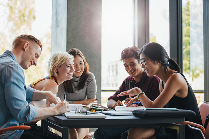 Study Group of Students, A group of students sitting around a table studying together.